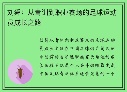 刘舜：从青训到职业赛场的足球运动员成长之路